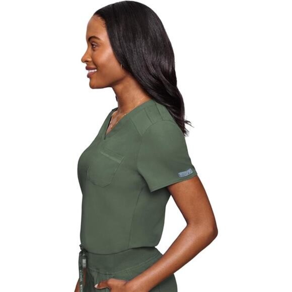 Women's V-Neck Scrub Top, Modern Fit Tuck-in Top with Stretchy Rib-Knit Shoulder - Picture 4 of 7